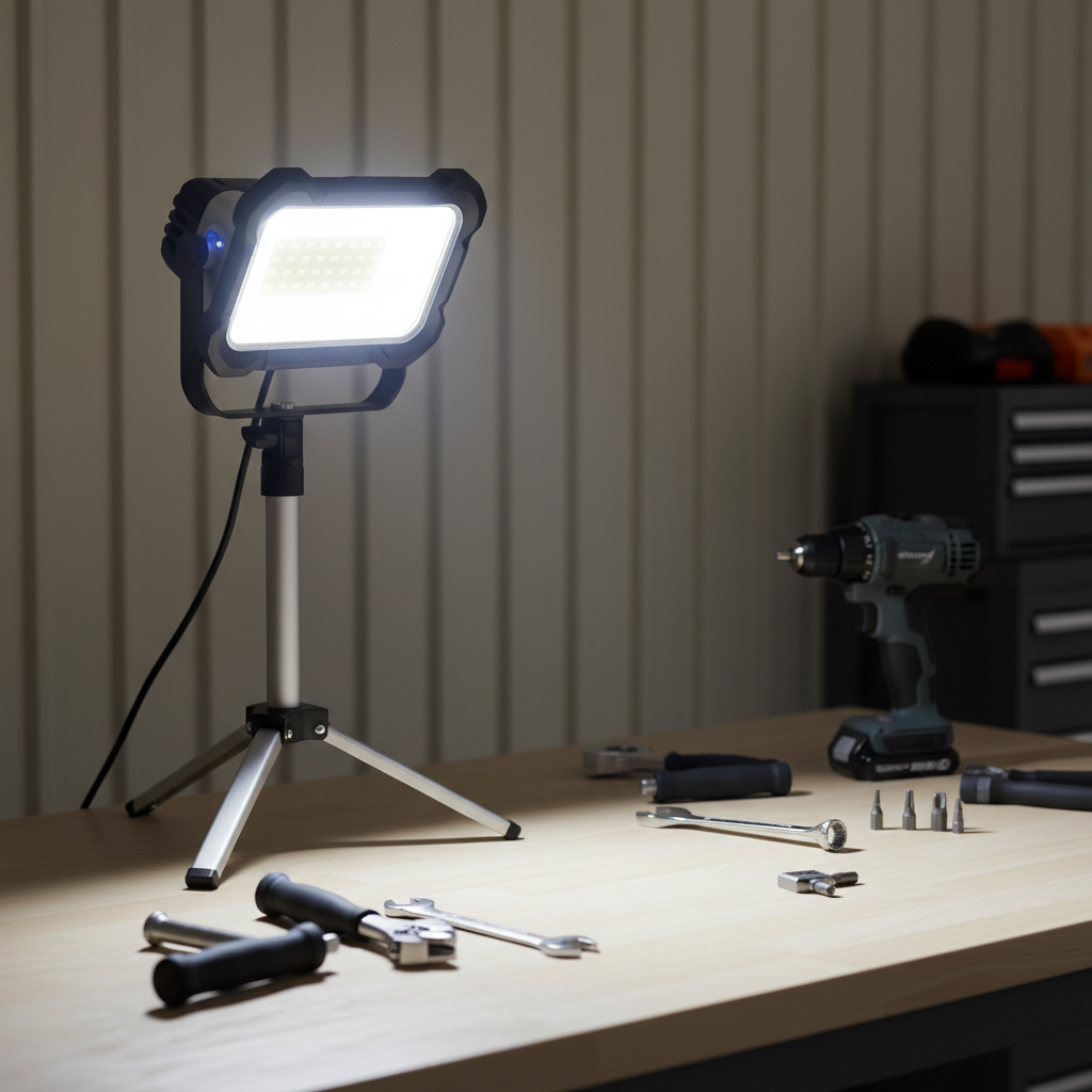 Rechargeable LED work light illuminating a garage workbench