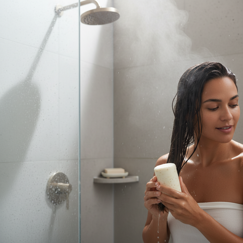 Using a solid conditioner bar on wet hair ends in a hotel shower