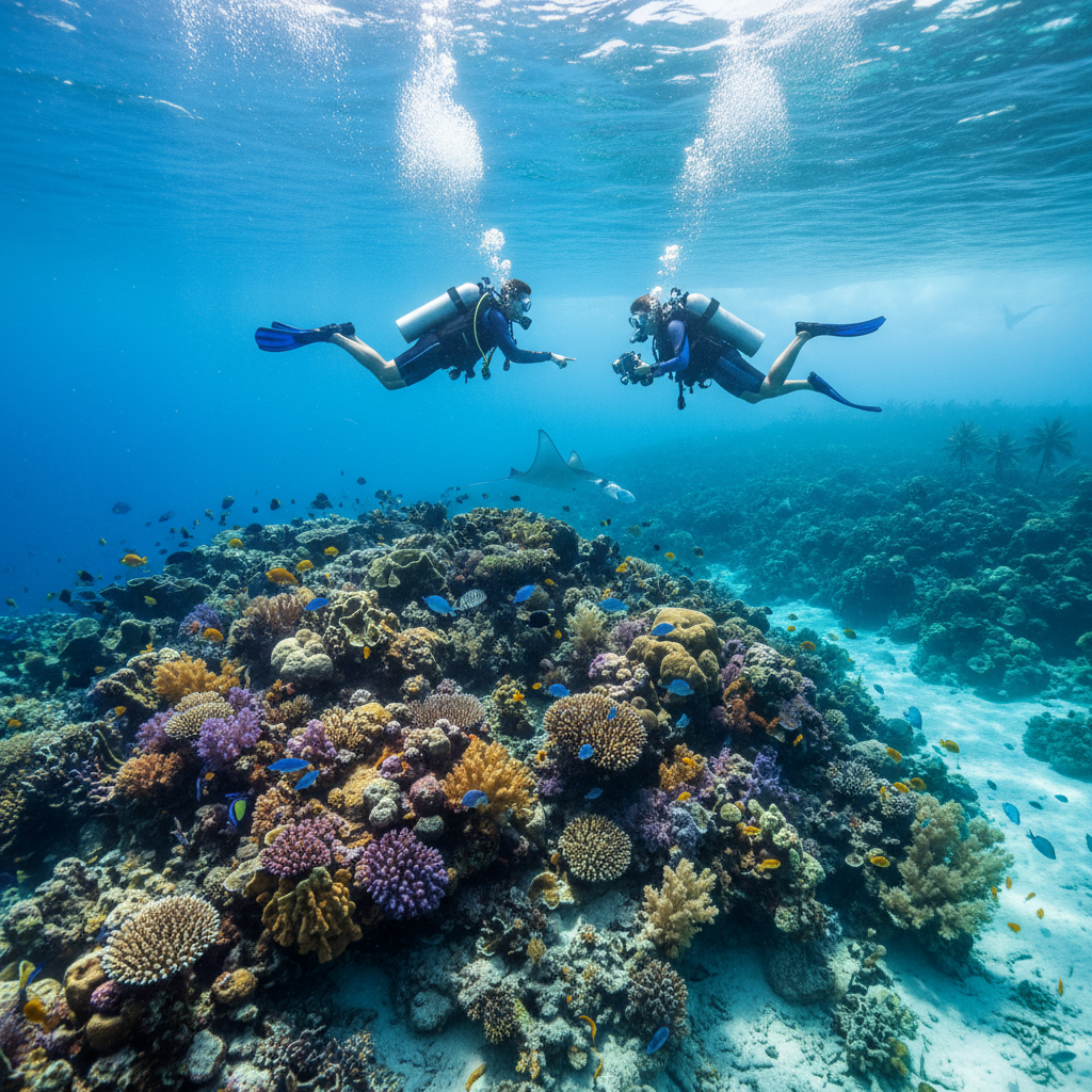 Scuba divers in crystal clear tropical water over a coral reef
