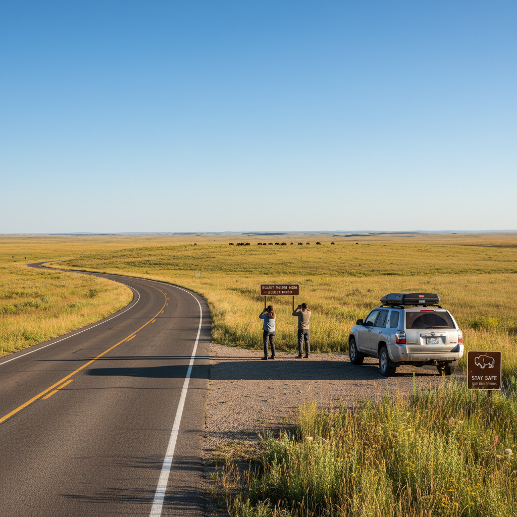 Scenic grassland drive with a pullout for safe wildlife viewing