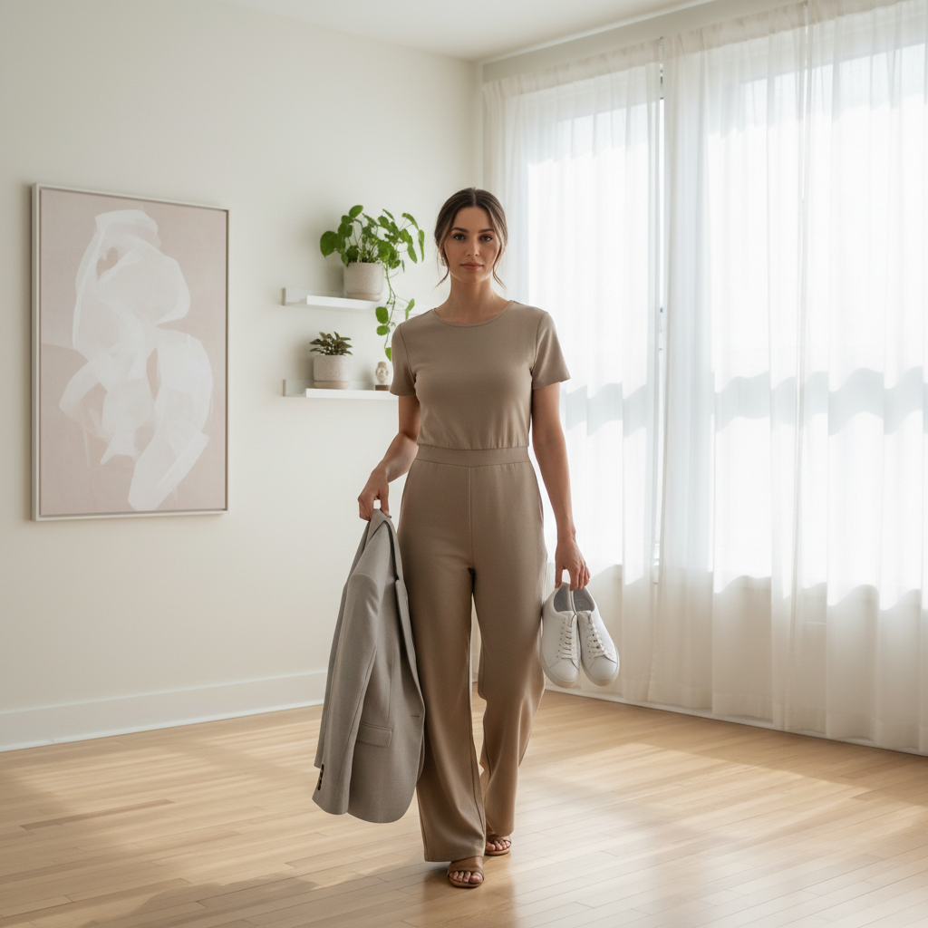 Woman styling a neutral jumpsuit with blazer and sneakers