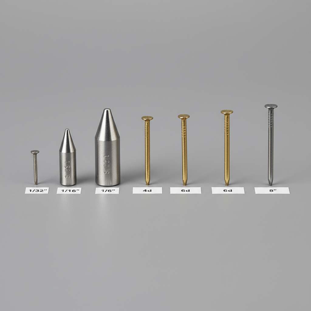 Close-up comparison of nail set punch tip sizes in a 4 piece kit