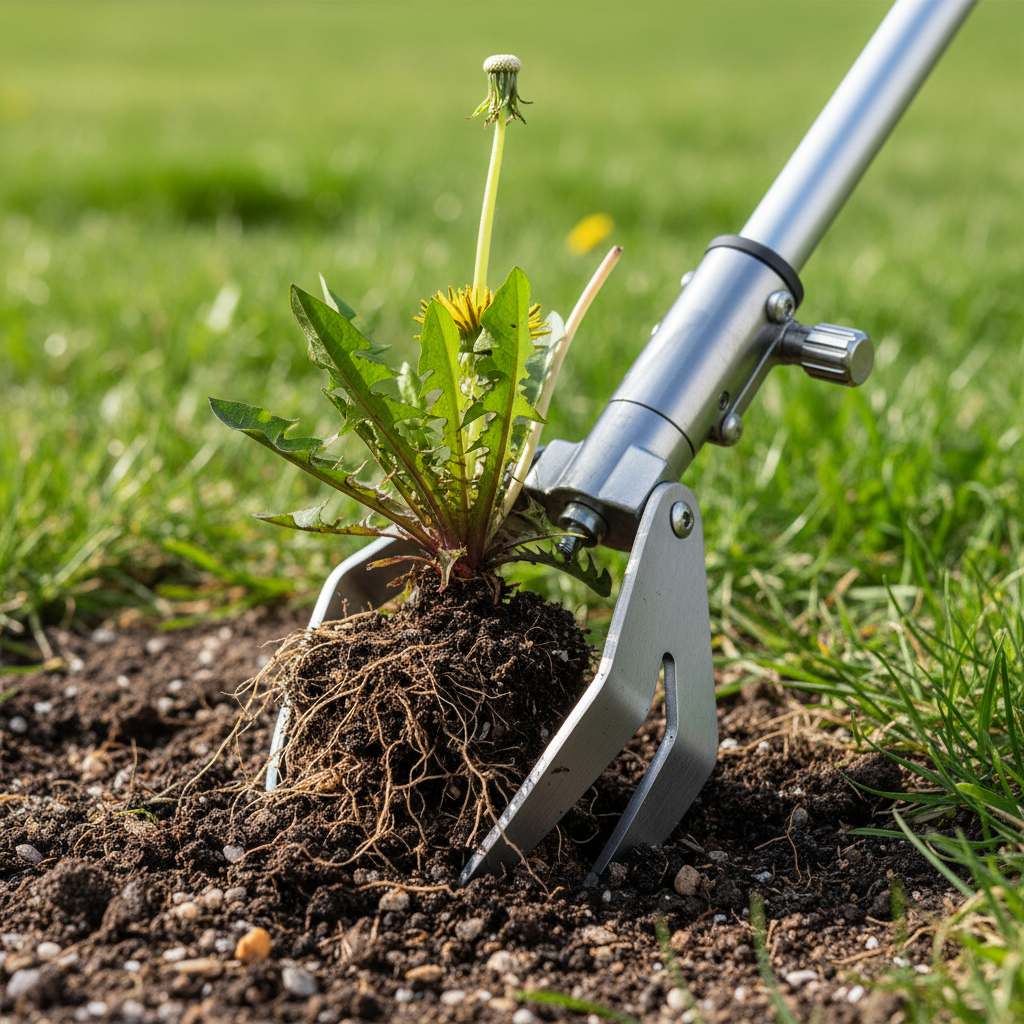 Close-up of weed puller claws gripping a dandelion at soil level