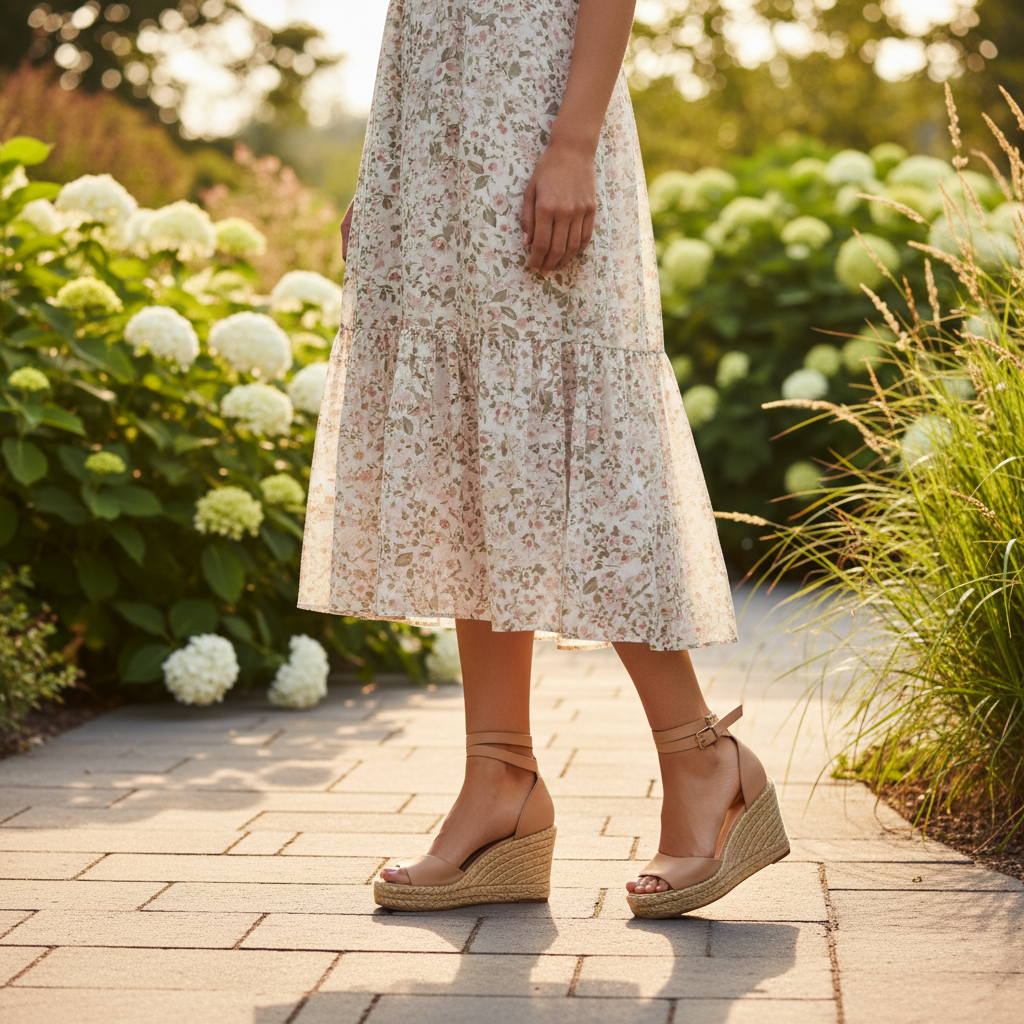 Women wearing wedge sandals with a floral summer dress outdoors
