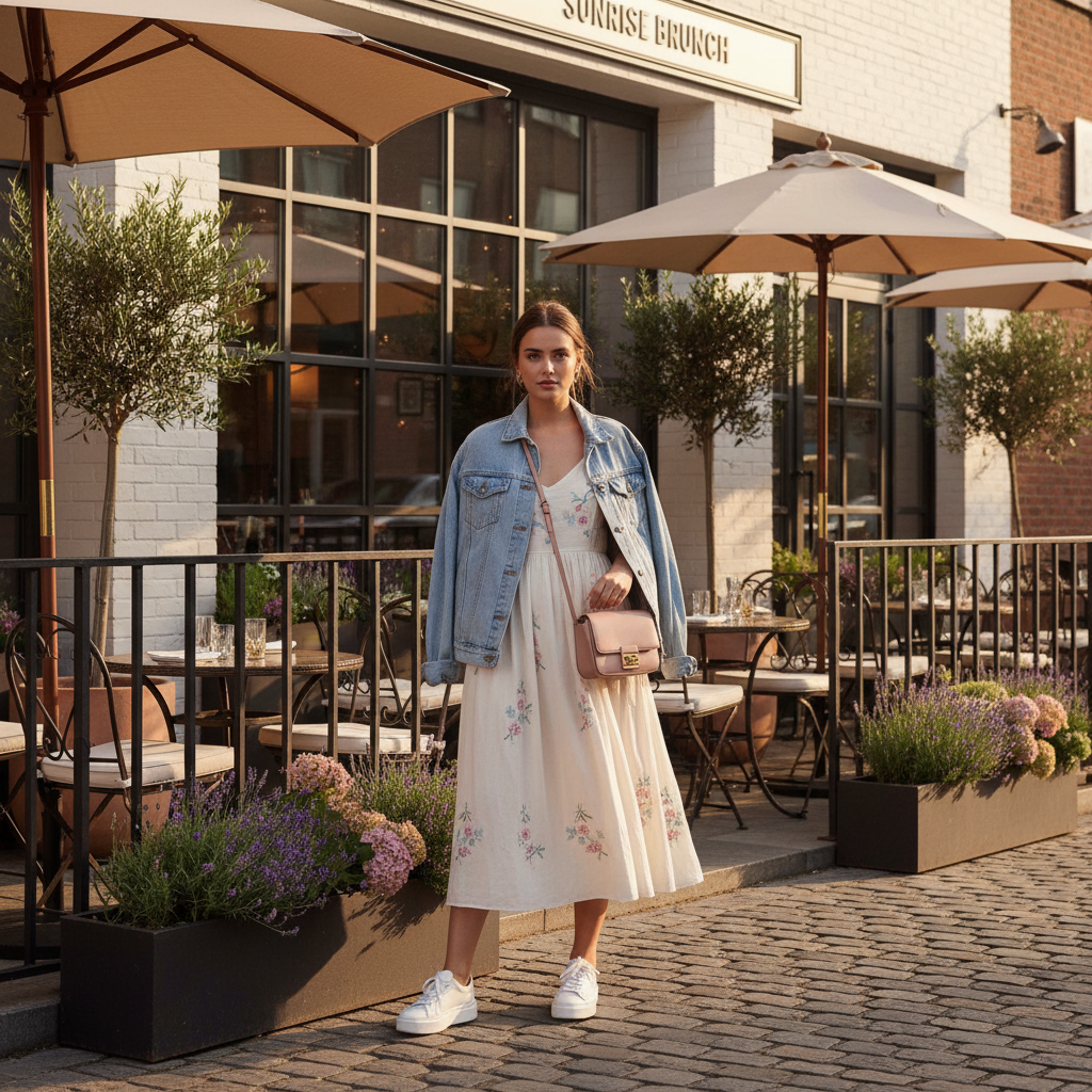 Women’s brunch outfit formula with midi dress and sneakers
