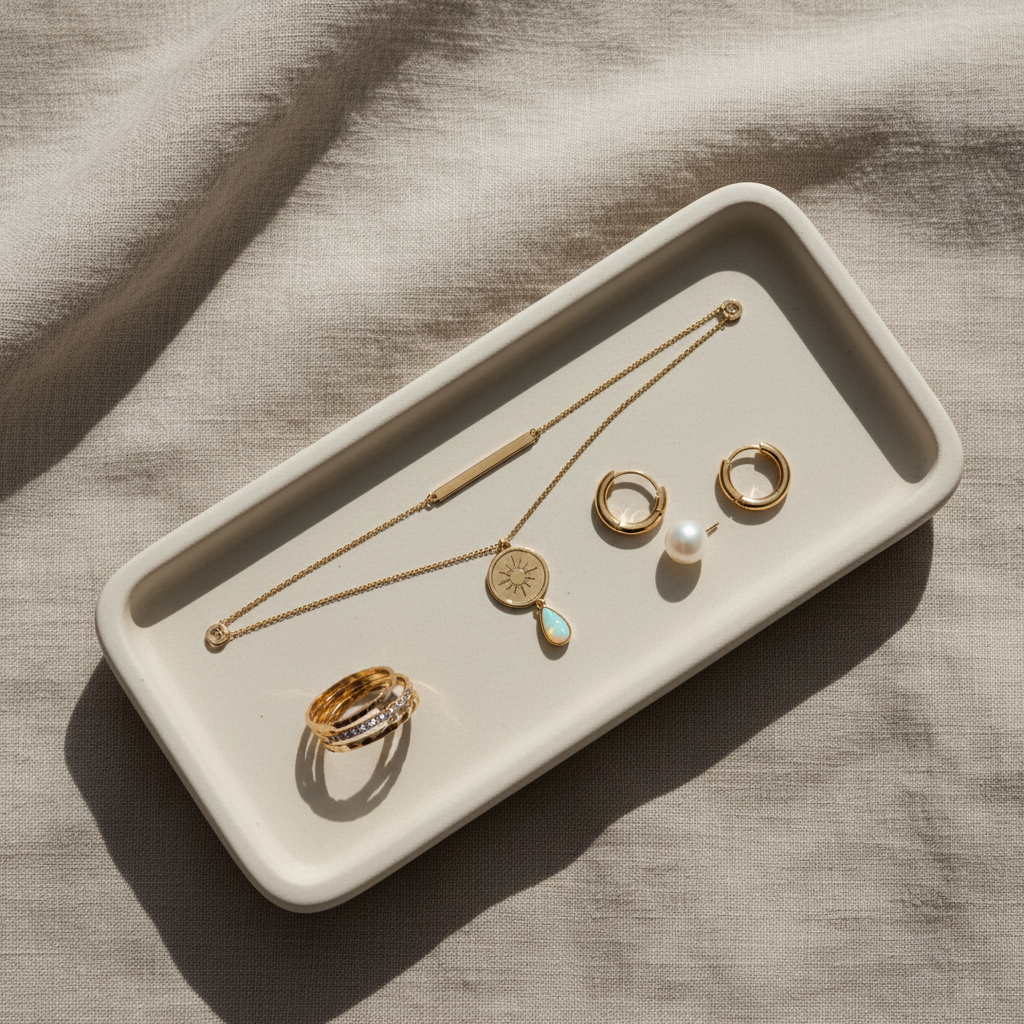 Dainty jewelry capsule wardrobe flat lay with necklace ring earrings 2026