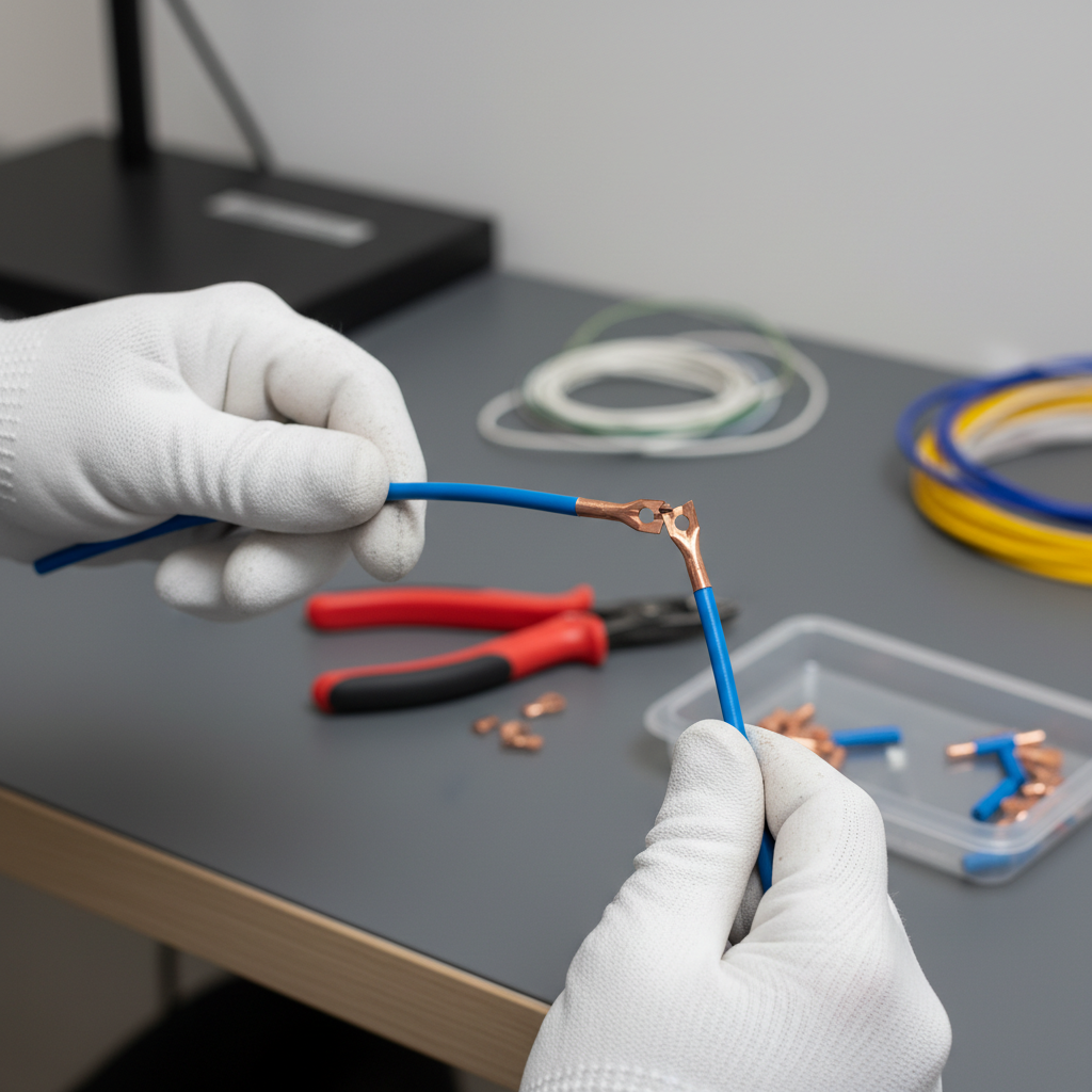 Technician performing a tug test on a crimped terminal connection for quality control