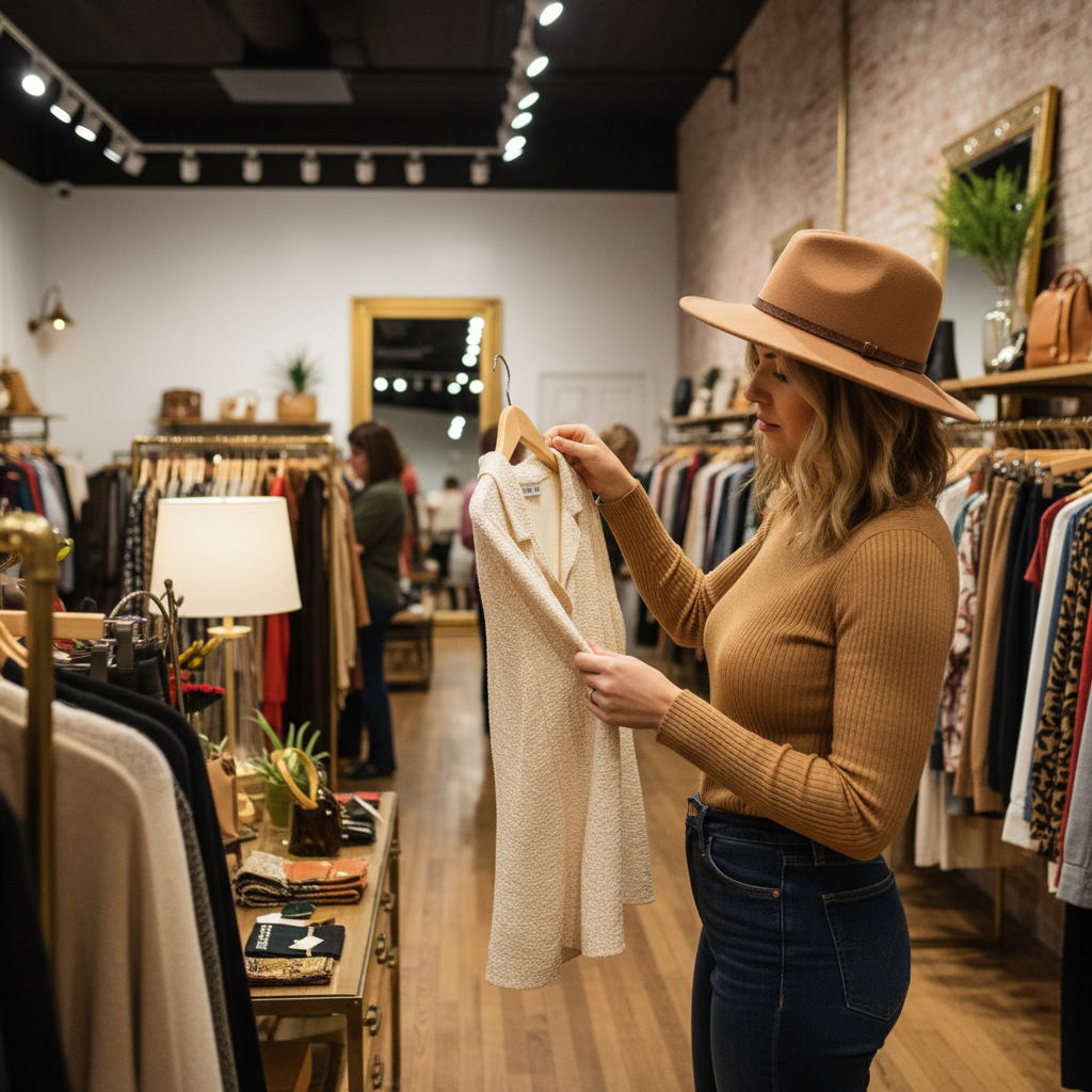 Person checking fabric label while shopping secondhand clothing