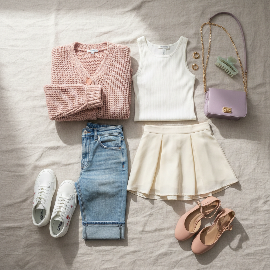 Soft girl capsule wardrobe items laid out in pastel and neutral tones