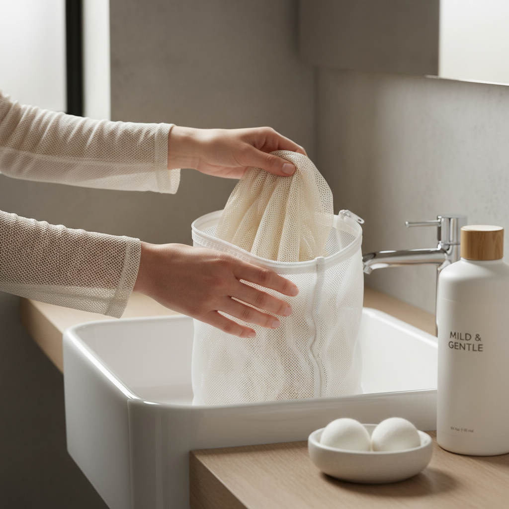Close-up of hands caring for mesh garment with gentle wash setup and laundry bag