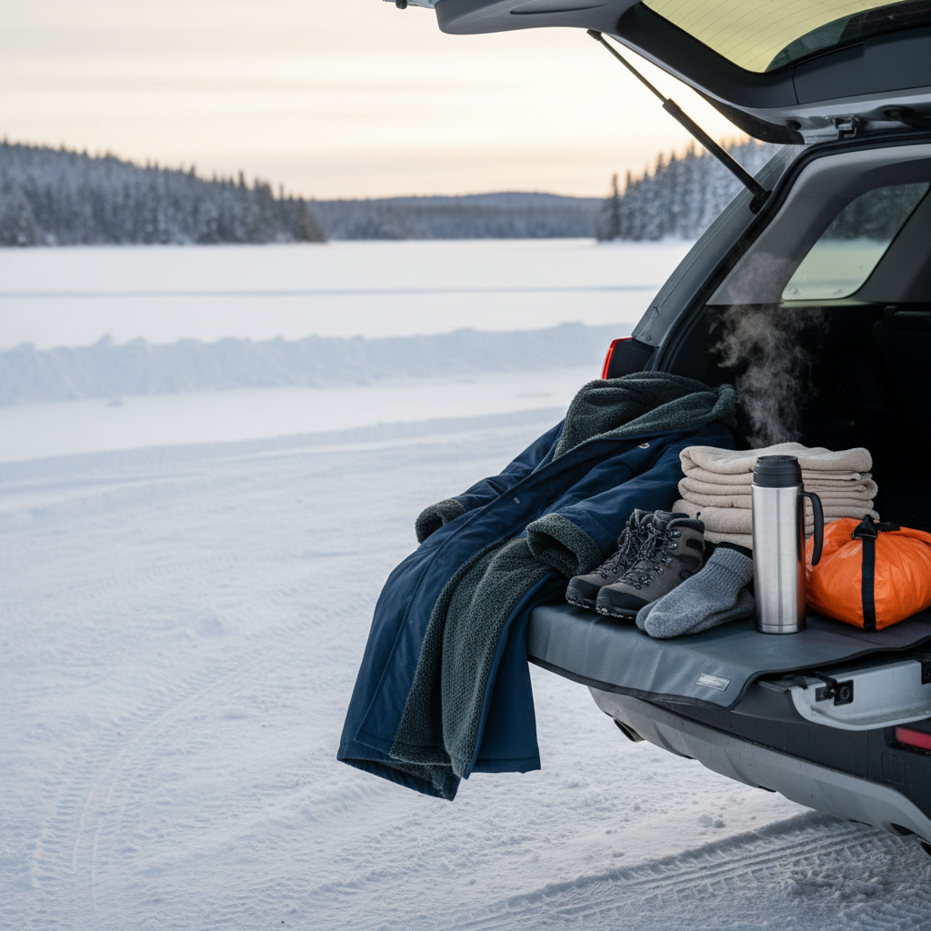 Post polar plunge recovery setup with towels, warm drink, and dry clothes near a car