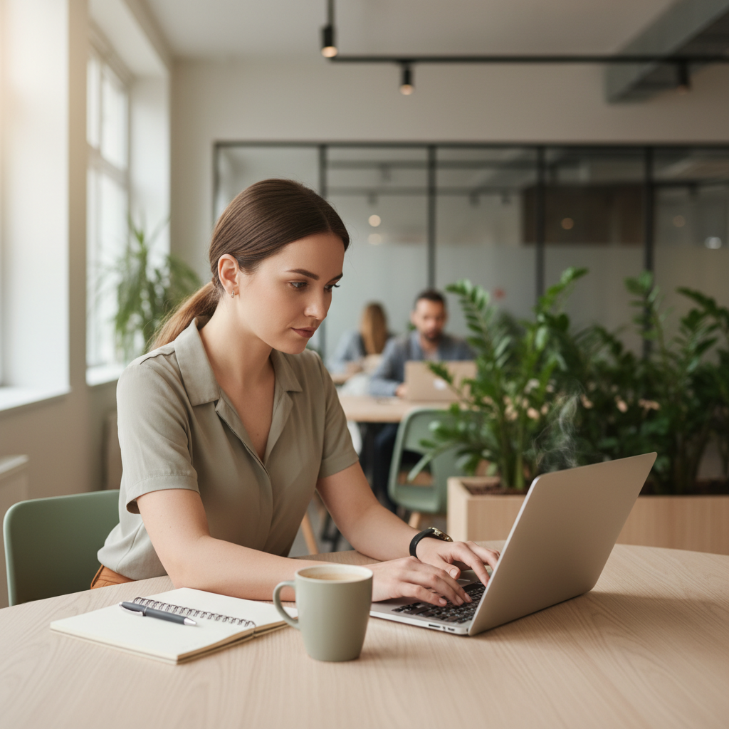 Digital nomad working on a laptop in a bright coworking space
