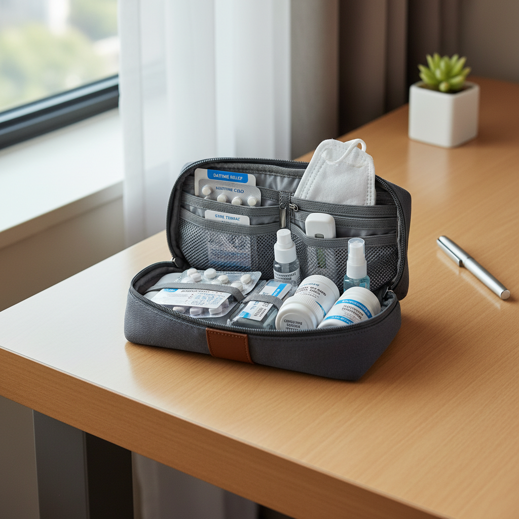 Travel pouch with cold and flu essentials organized in labeled mini containers