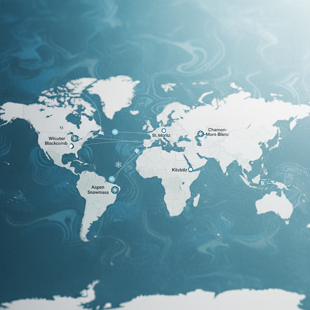 Map-style overview of North America and Europe ski travel destinations for winter sports