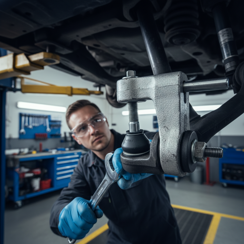 Proper setup of a screw-type ball joint separator tool aligned with the stud