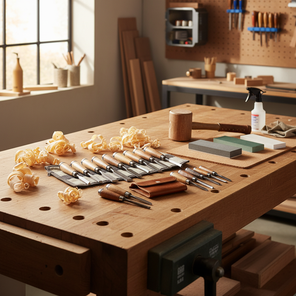 Woodworking chisel set arranged on a workbench with carving and joinery tools