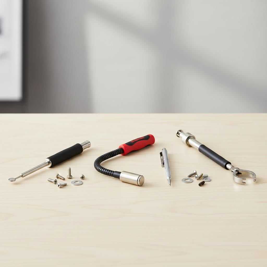 Workbench layout showing different small magnetic pickup tool styles side by side