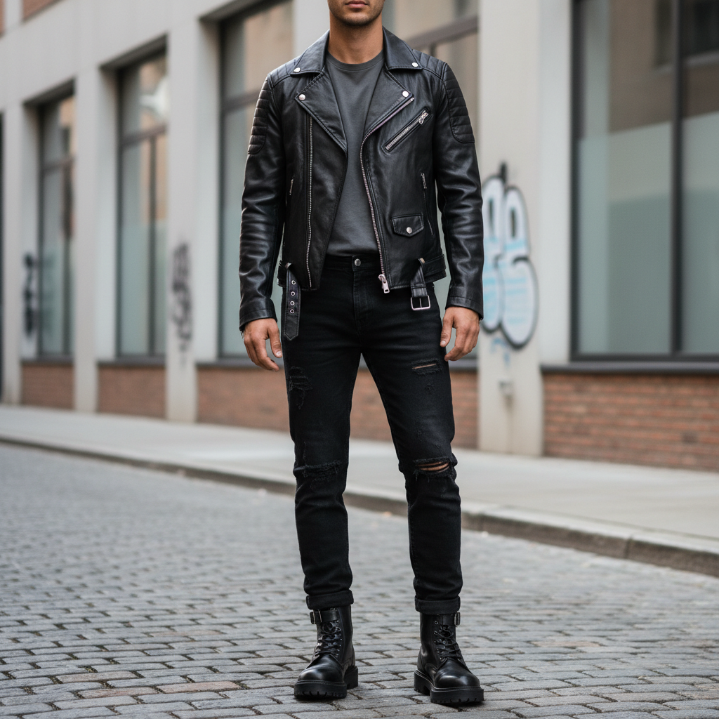 Edgy combat boots outfit with black denim and leather jacket street style