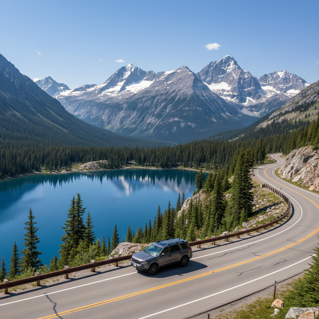 Mountain highway scenic drive with snow-capped peaks and a lake overlook