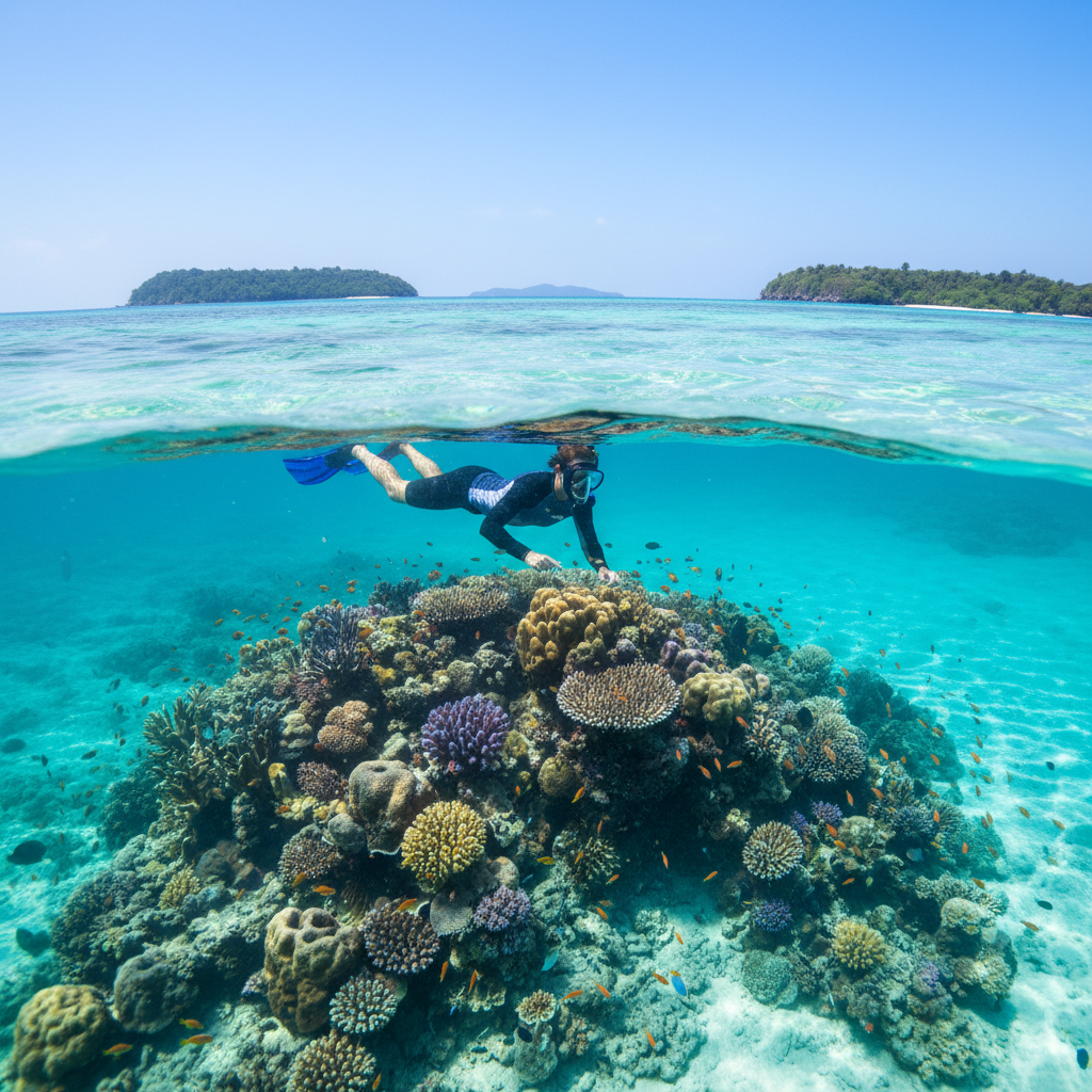 Snorkeler entering clear water near a marine park reef