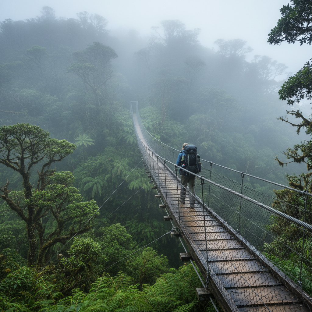 Hiker on a cloud forest suspension bridge with dense fog and lush canopy