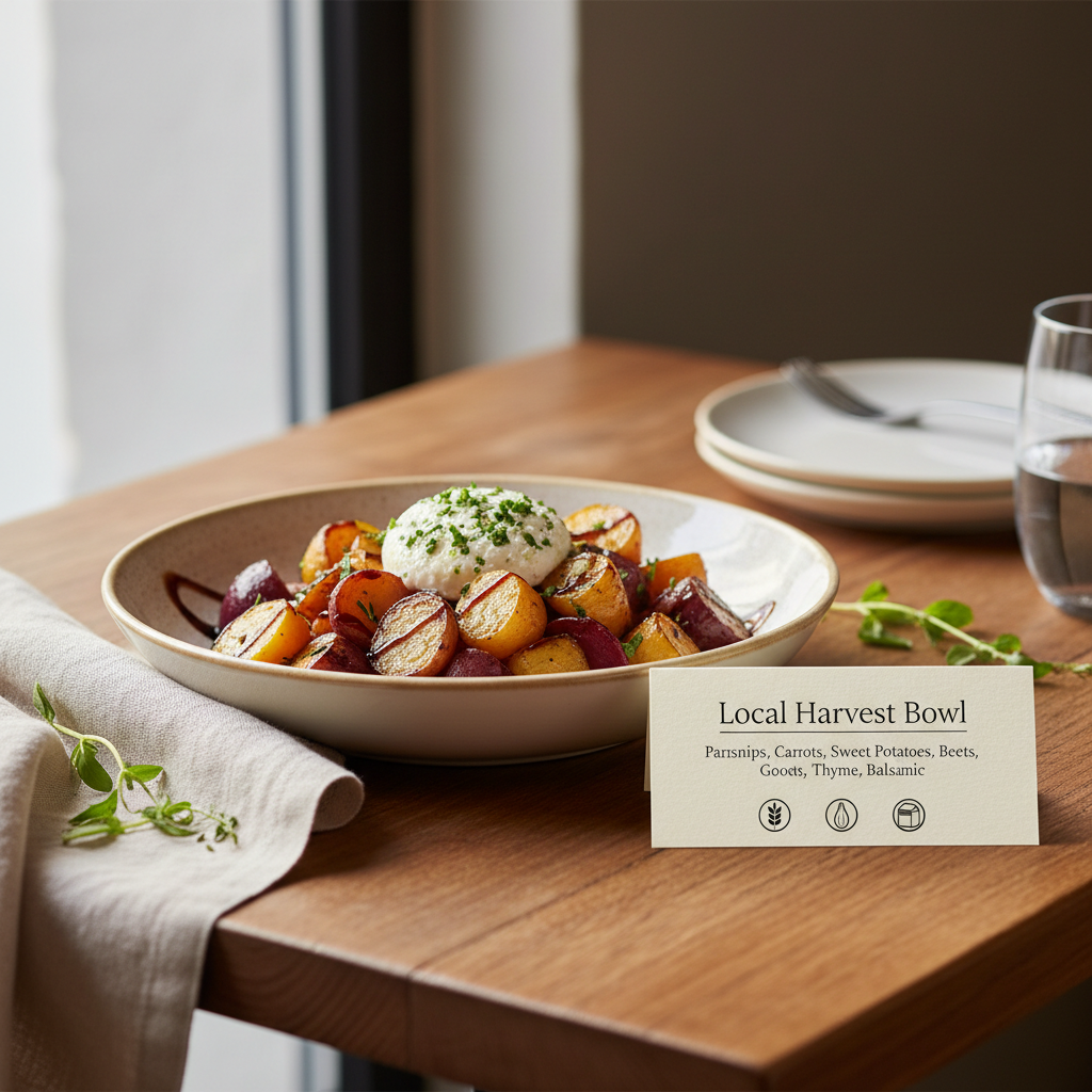 Close-up of a local dish with labeled ingredients and allergy notes