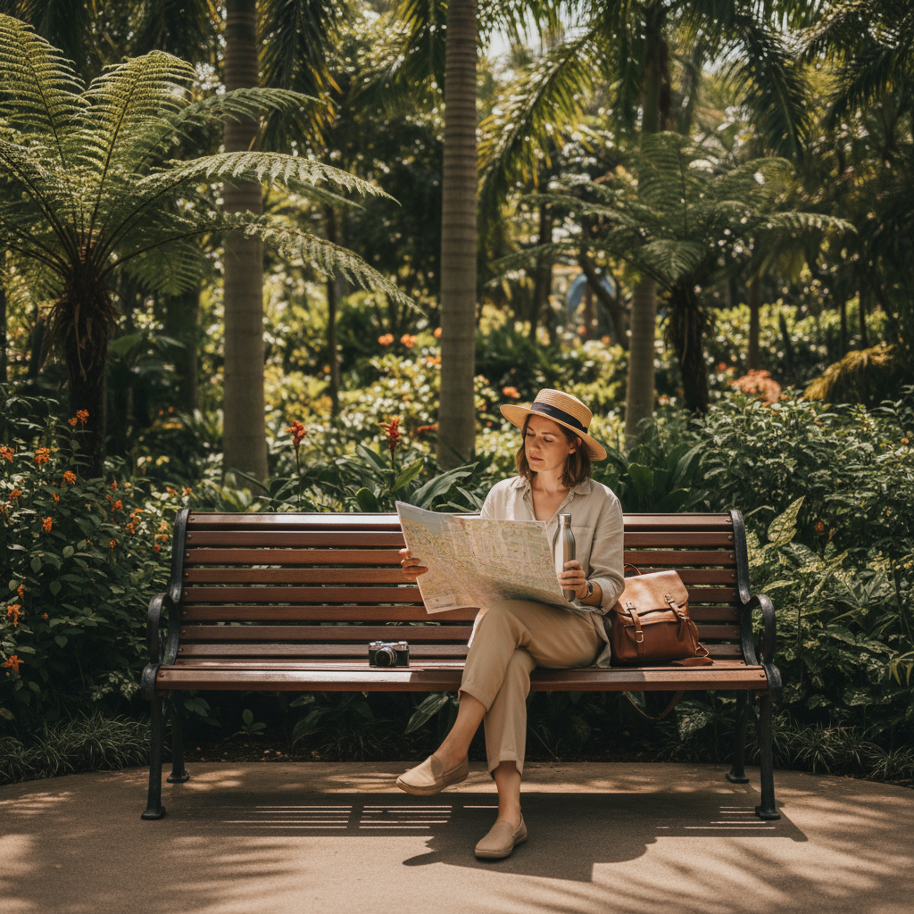 Traveler resting on a garden bench with water bottle and map