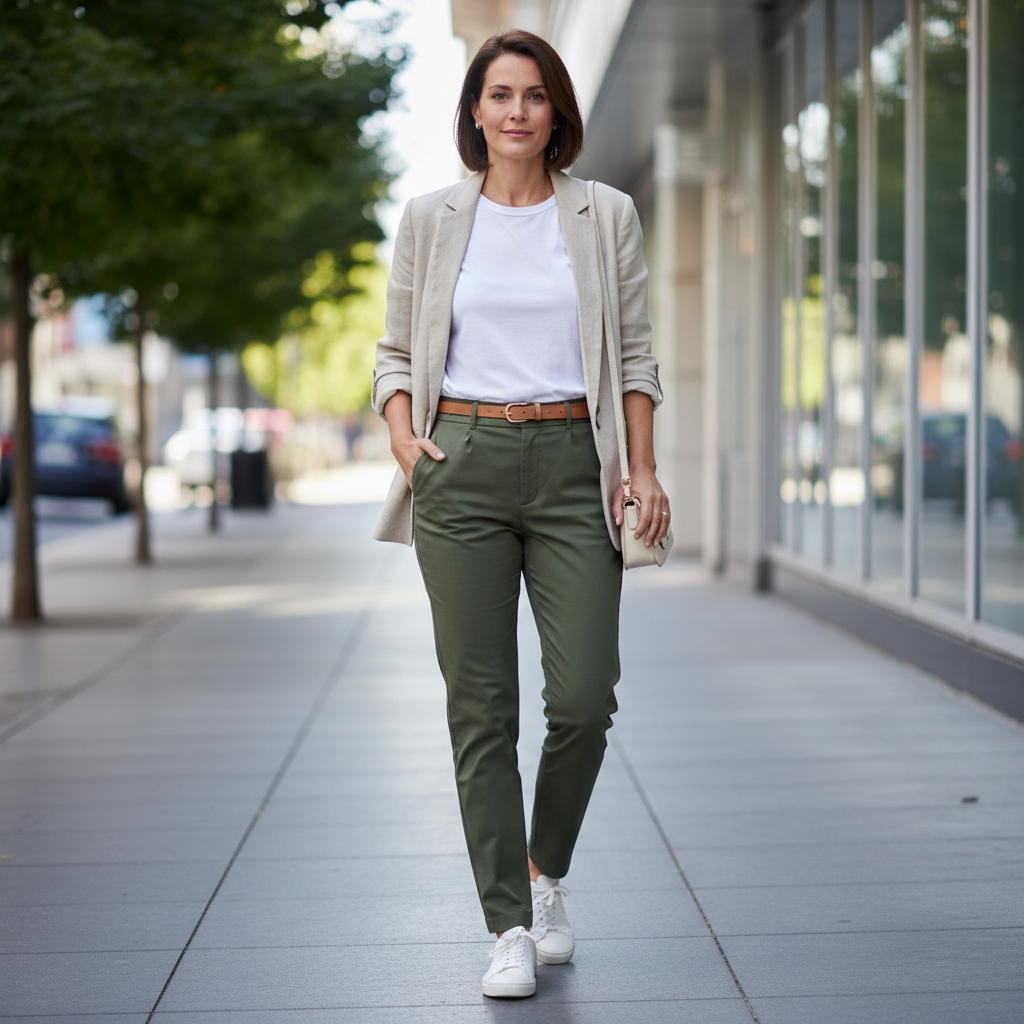 Model wearing basic t-shirt with tailored trousers and blazer for smart casual styling