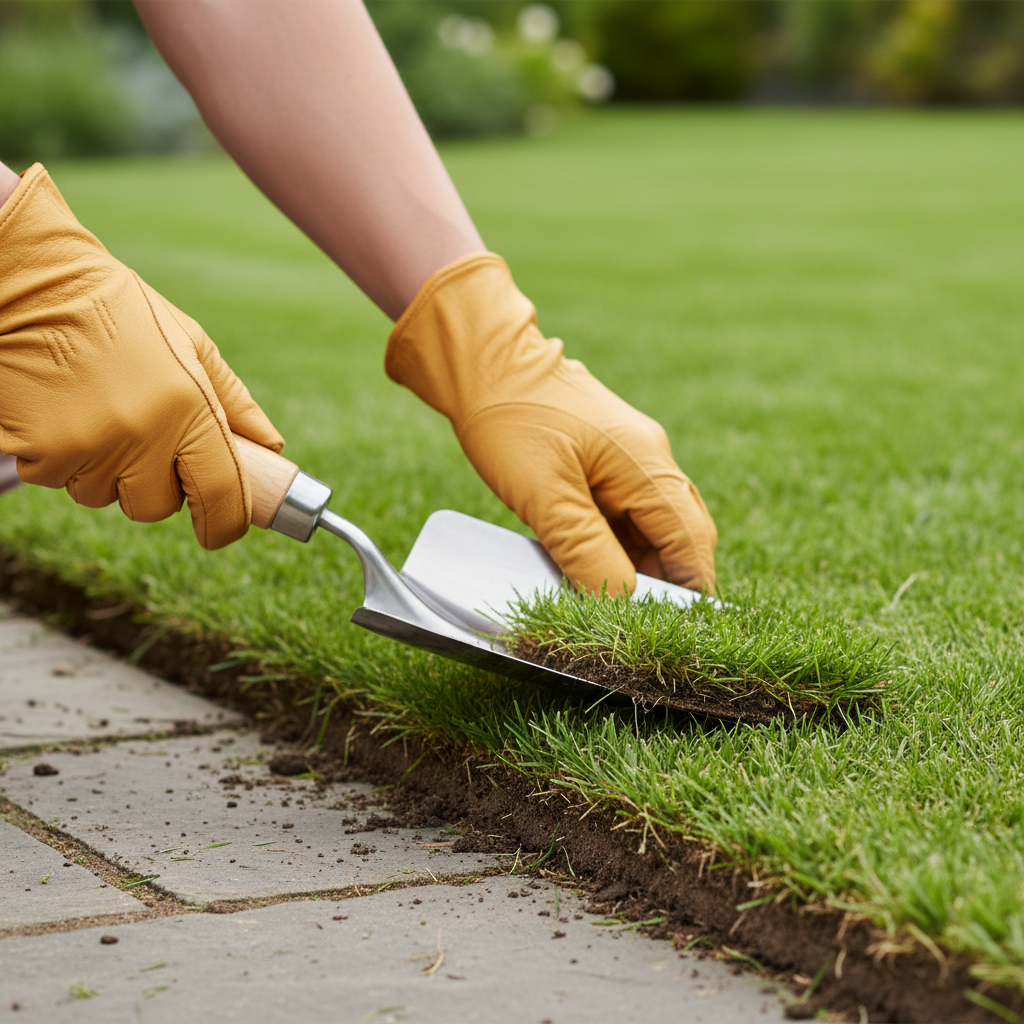 Cleanly removing a narrow turf strip after edging a lawn border with a flat spade
