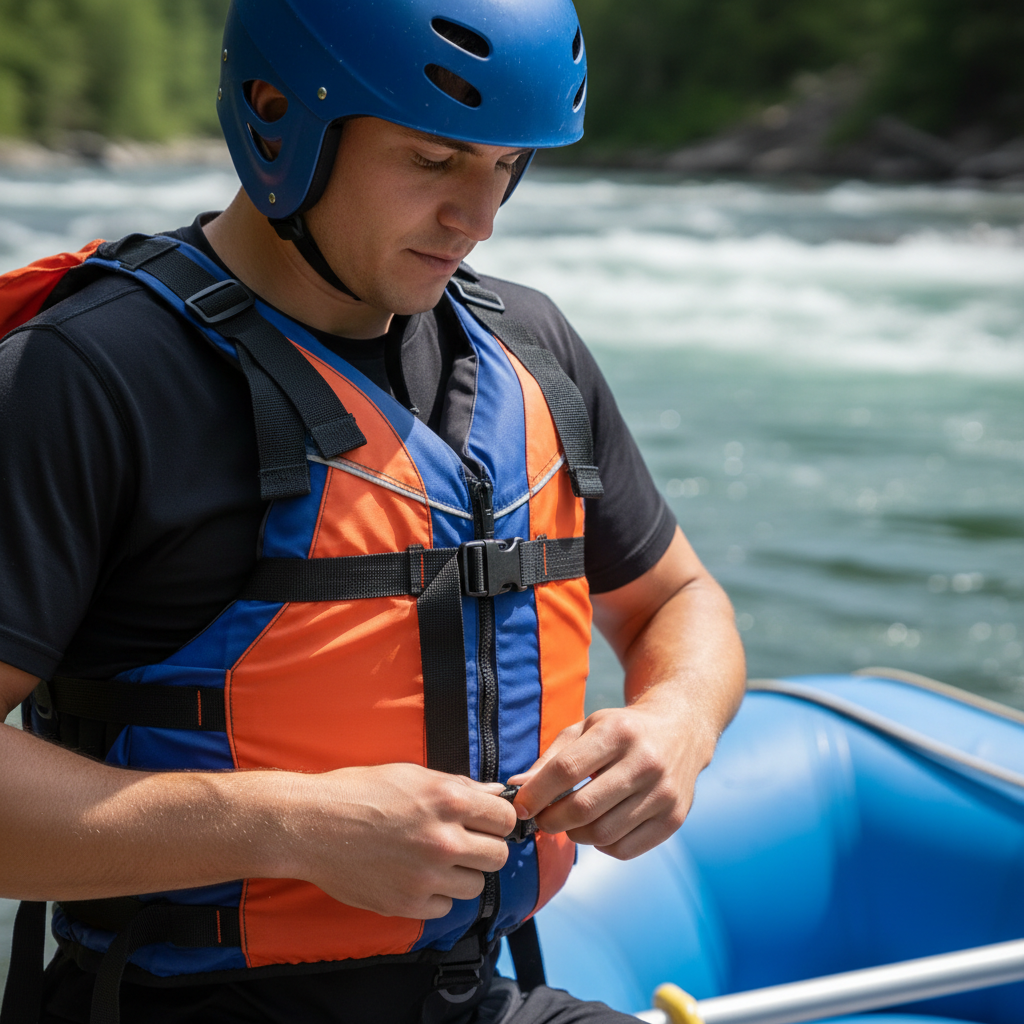 Close-up of properly fitted PFD and helmet for white water rafting