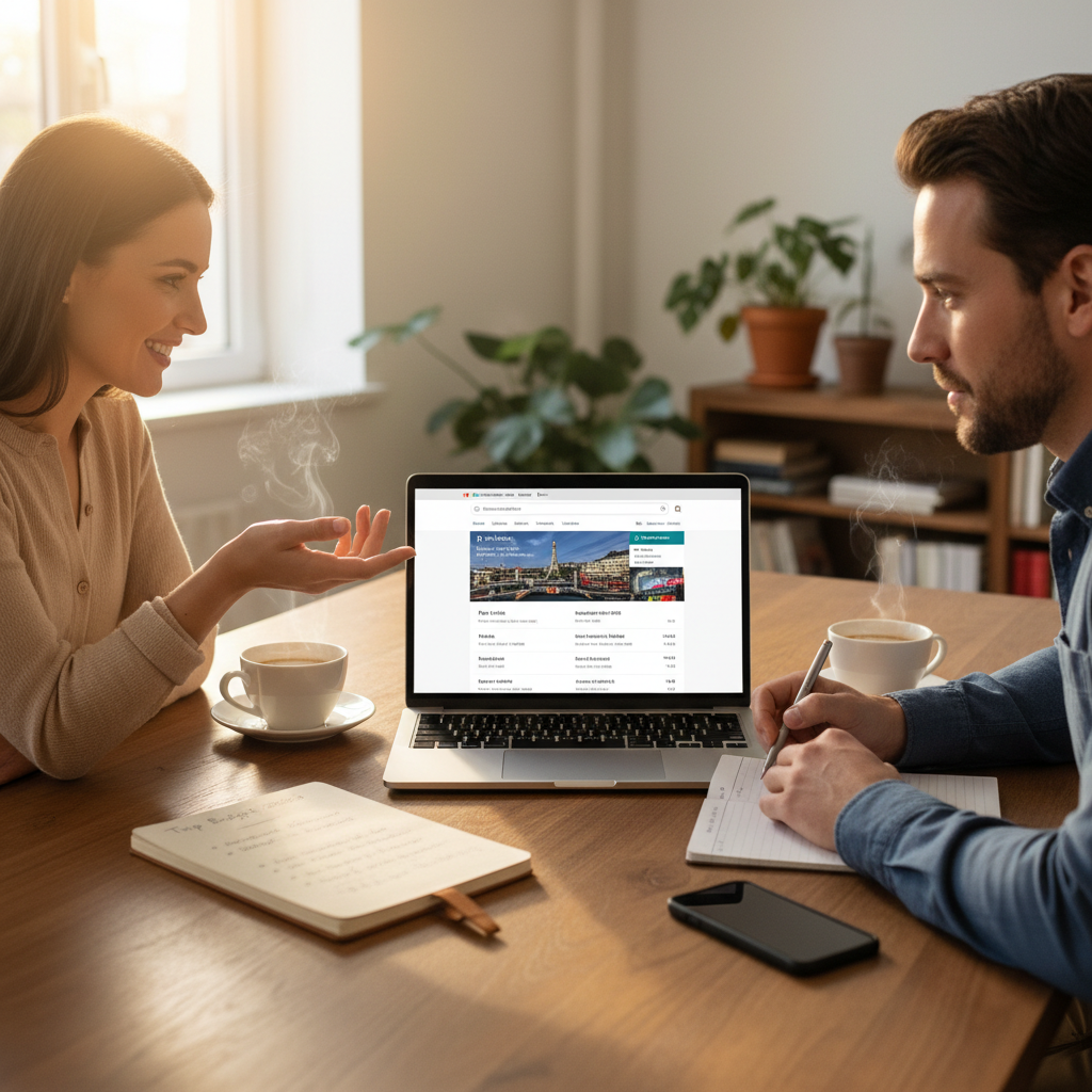 Couple planning a luxury trip on a mid budget with laptop and travel notes
