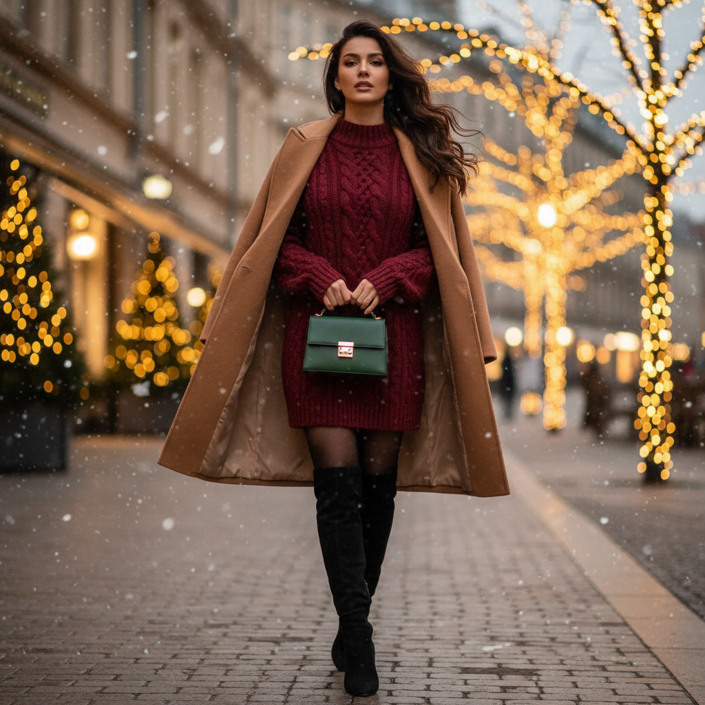 Cozy red sweater dress holiday outfit styled with boots and coat