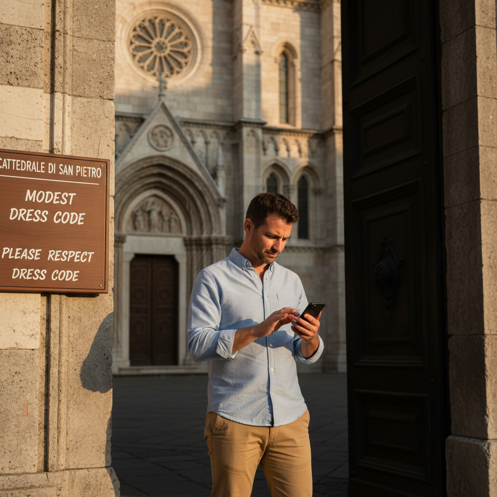 Traveler checking modest outfit requirements before entering a religious site