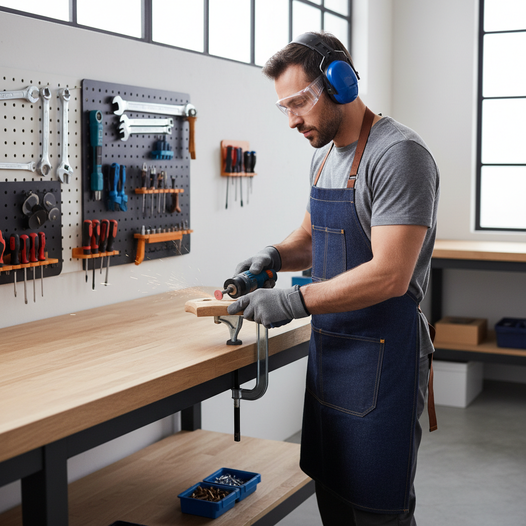 DIYer wearing safety glasses using a cordless rotary tool with a clamped workpiece