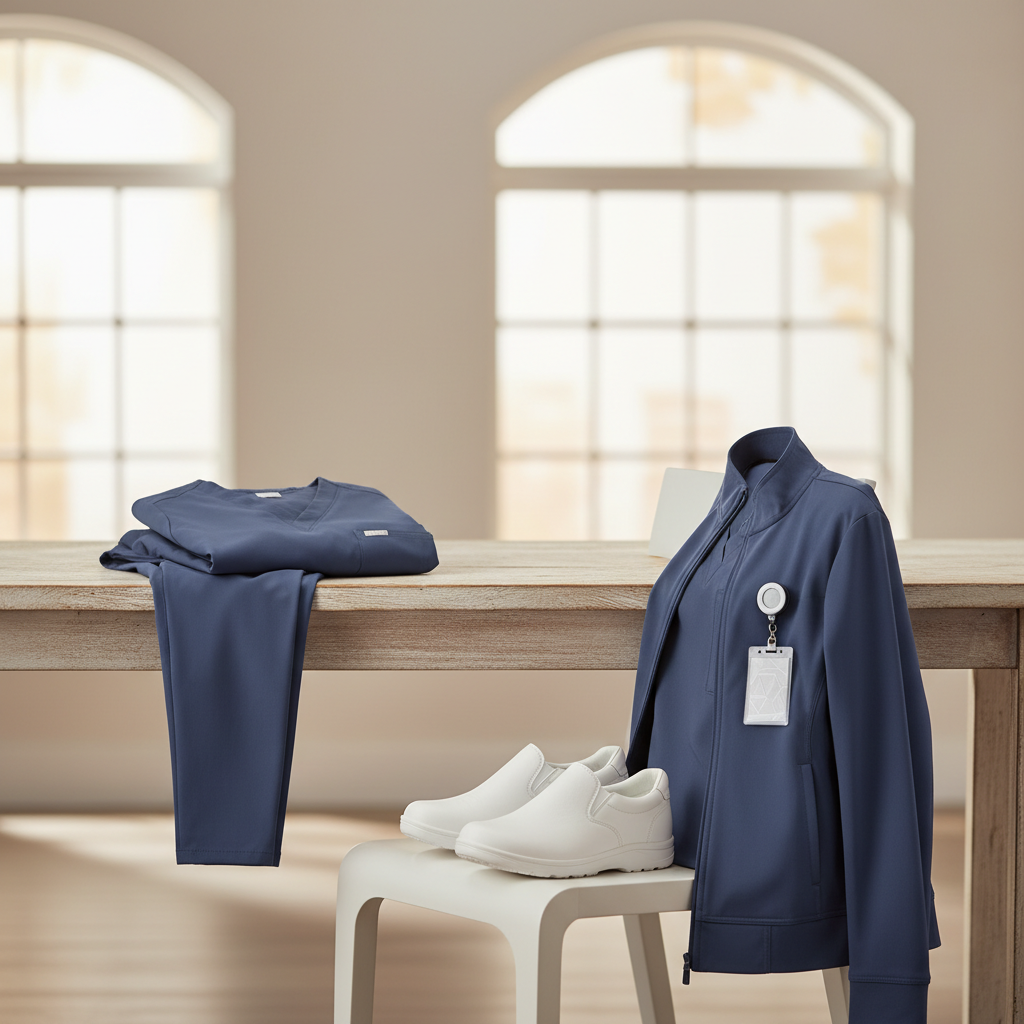 Coordinated scrub outfit with matching jacket, shoes, and simple accessories