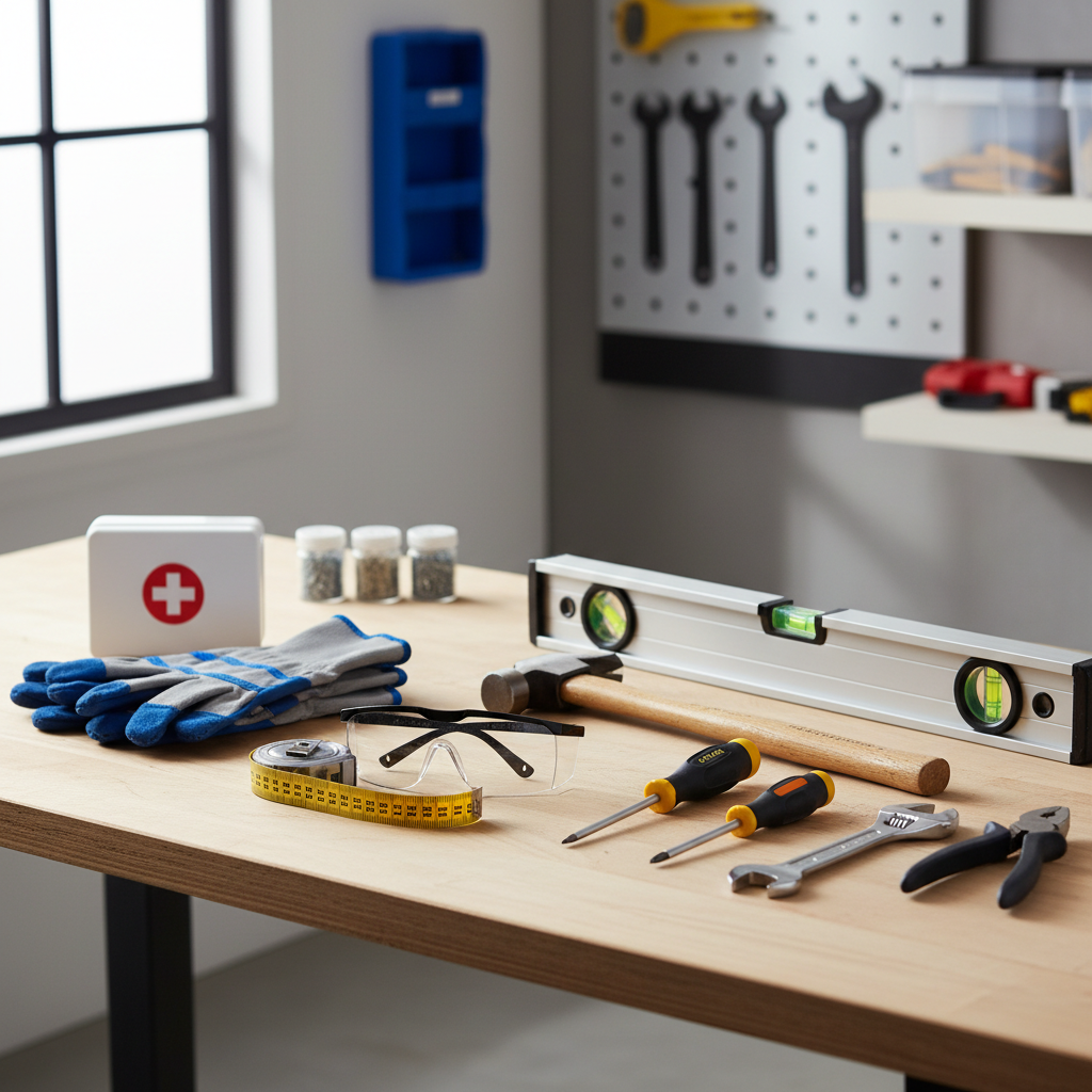 Home repair safety setup with eye protection and organized hand tools