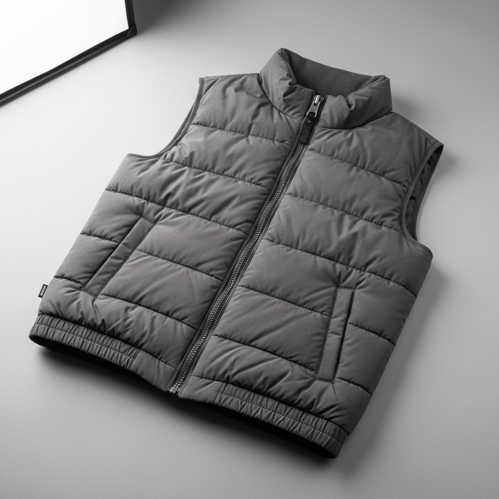 Close-up of puffer vest insulation baffles and zipper details for layering performance