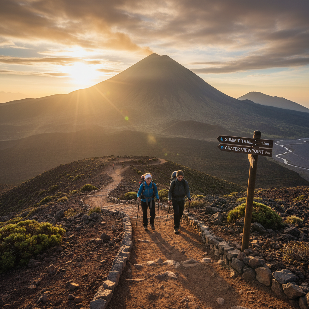 Hikers on a volcano trail at sunrise with clear route markings