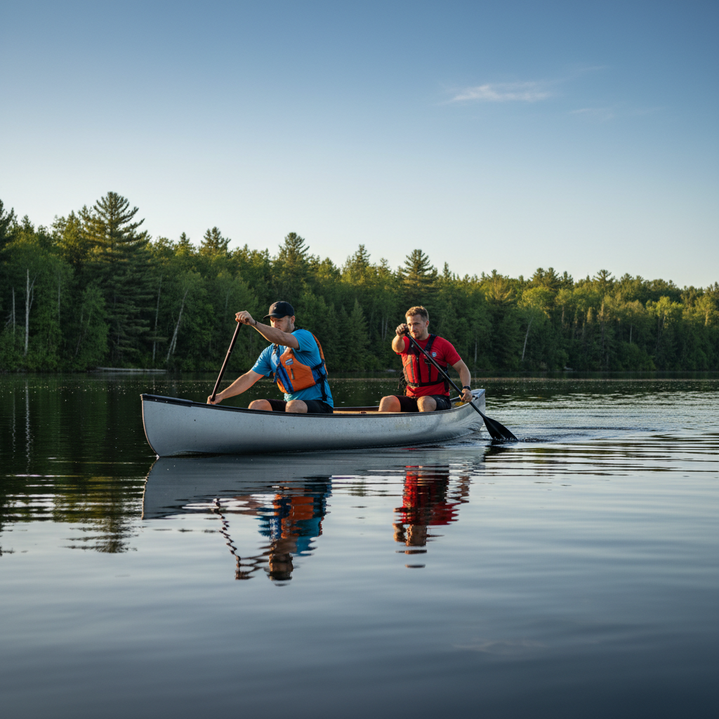 Two paddlers in a canoe practicing calm-water strokes near a shoreline