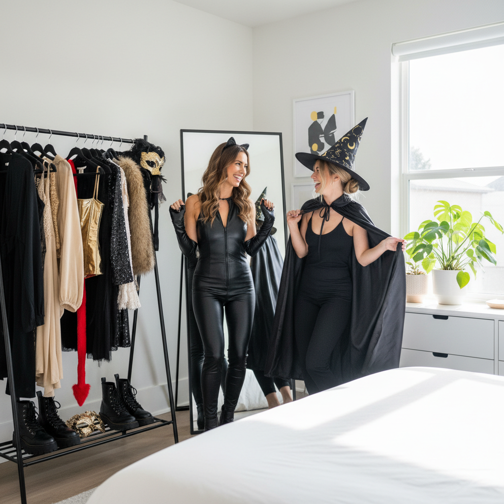 Women choosing trendy Halloween costume outfits in a bedroom mirror