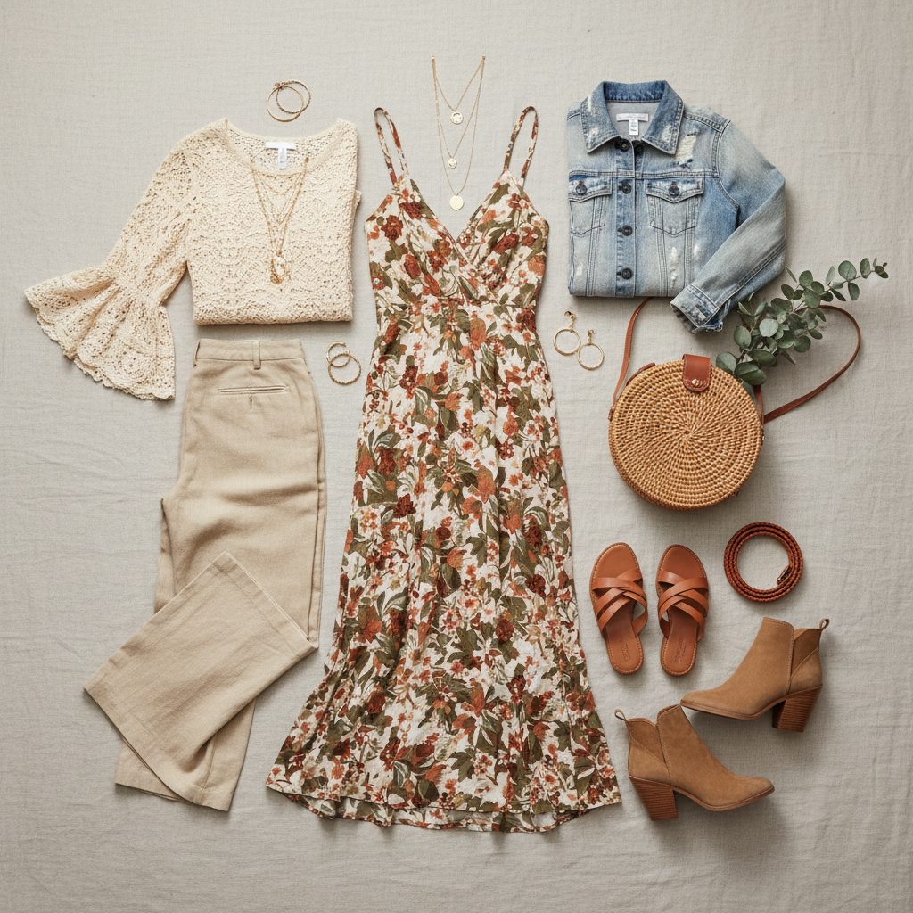 Boho capsule wardrobe pieces laid out in earthy tones
