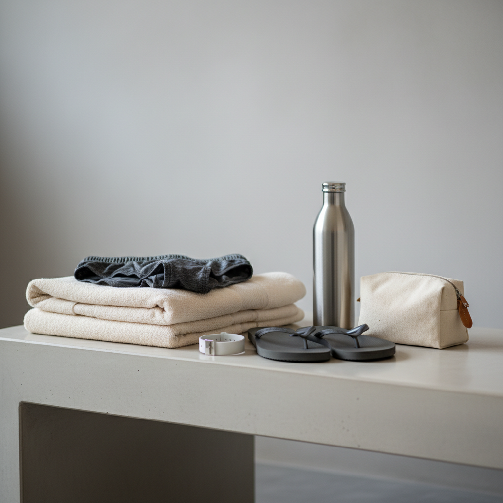 European spa locker room essentials with towel sandals and swimwear