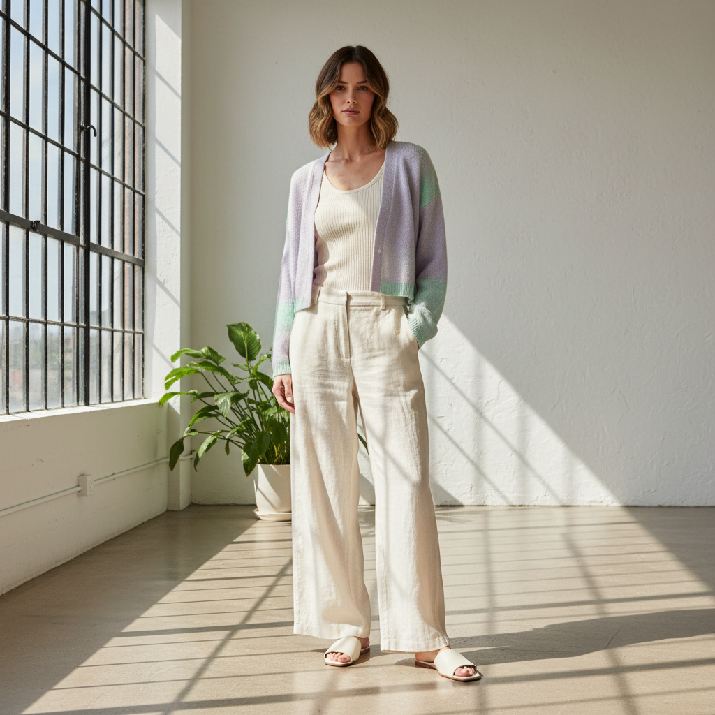 Cropped cardigan with wide-leg pants spring outfit