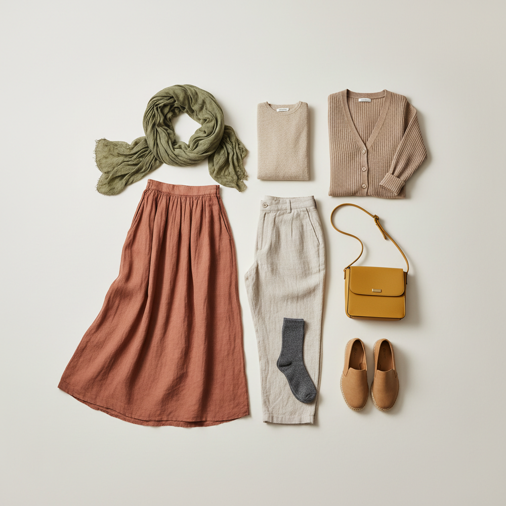 Modest travel outfit essentials laid out for visiting religious sites
