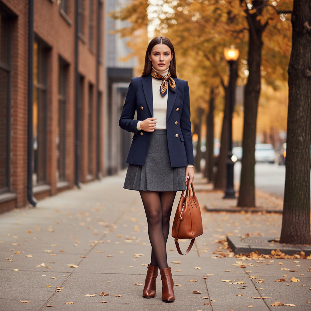 Fall preppy outfit with pleated skirt, blazer, and ankle boots