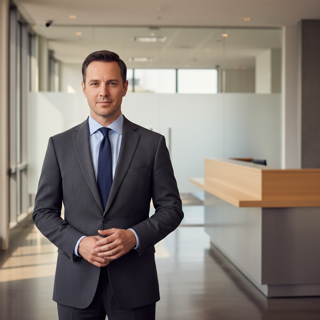 Business outfit with slim fit dress shirt, tie, and blazer in office