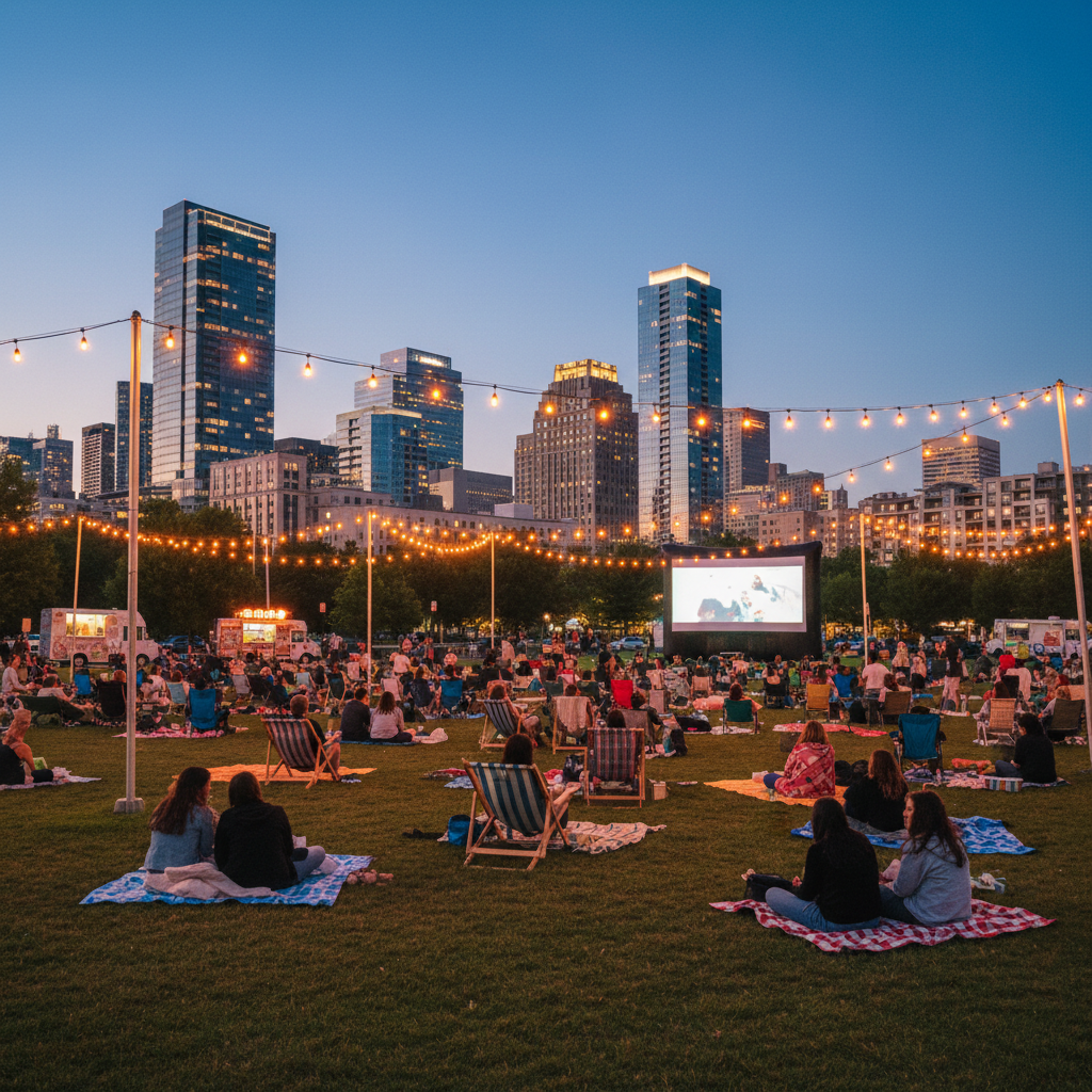 Outdoor cinema on a lawn with people on blankets at dusk