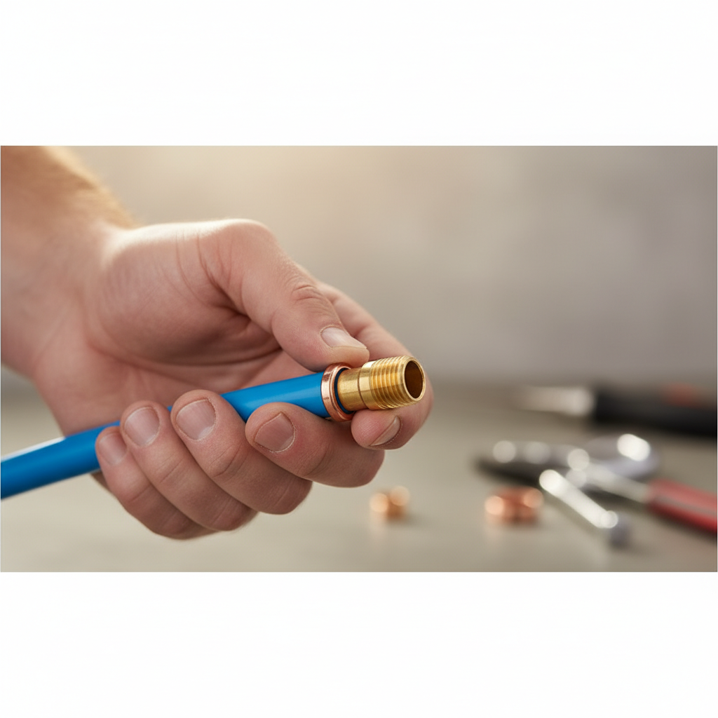 Close-up of correct PEX copper crimp ring placement before crimping