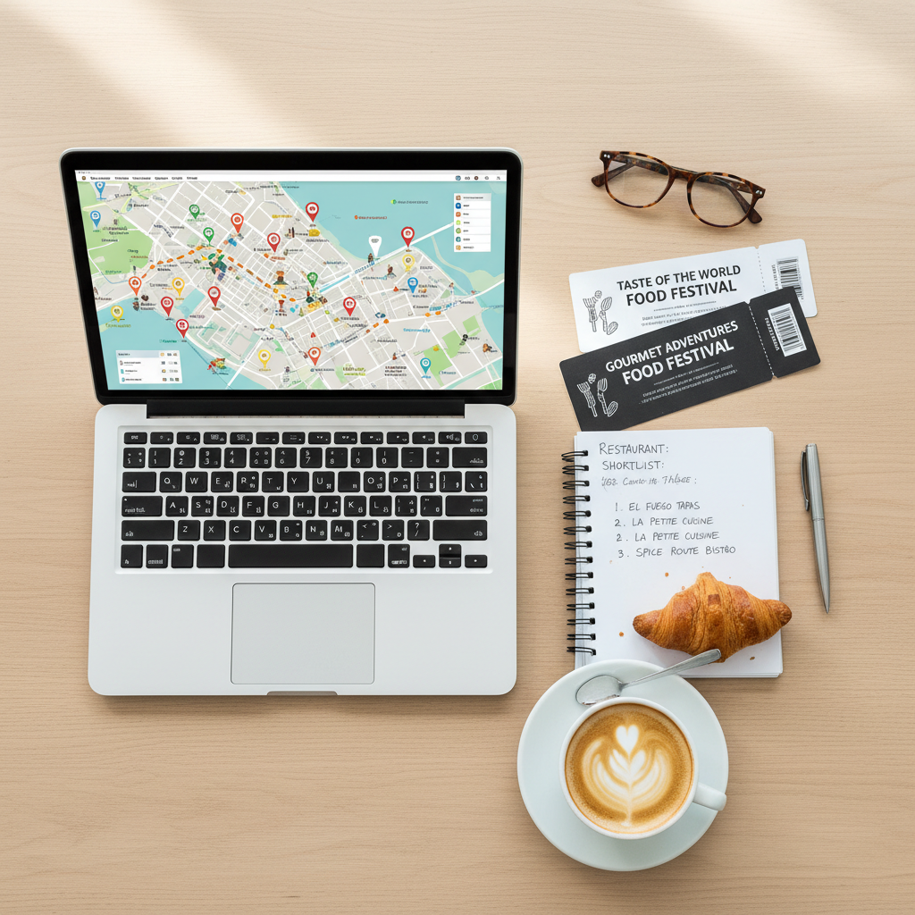 Traveler planning a food festival itinerary with map, tickets, and restaurant list