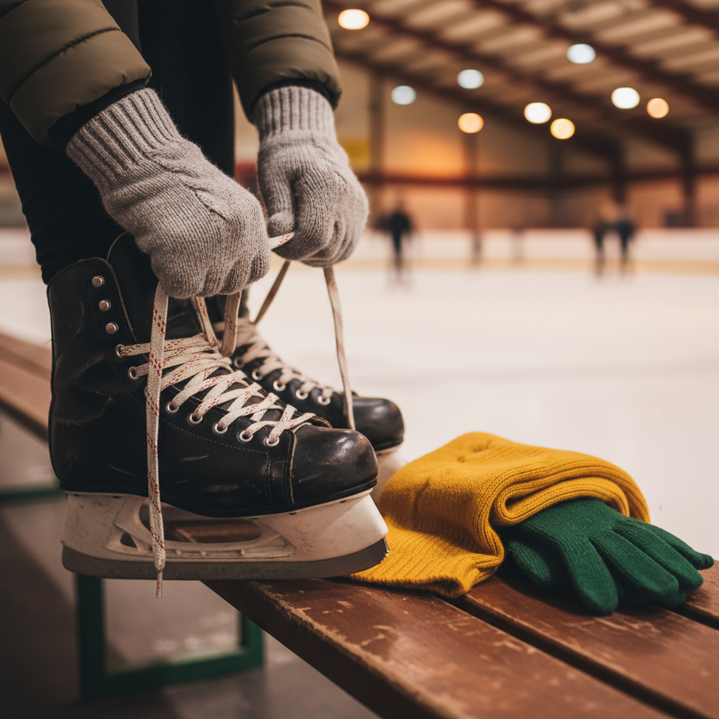 Close-up of hands tying ice skates with warm gloves and winter clothing nearby